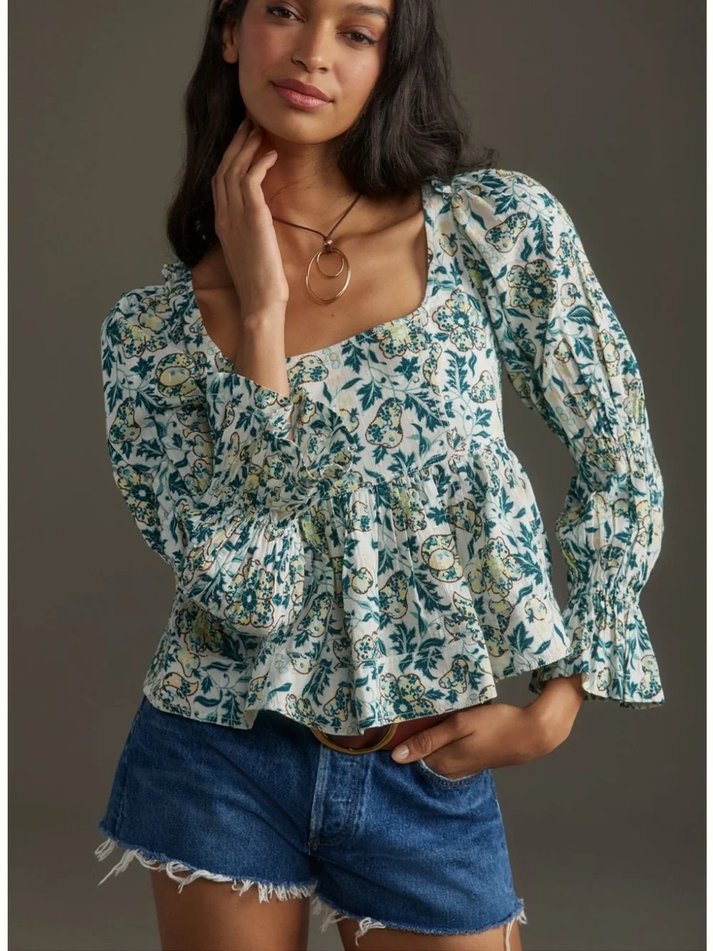 Anthropologie Teal and Cream Floral Peplum Square-Neck Blouse